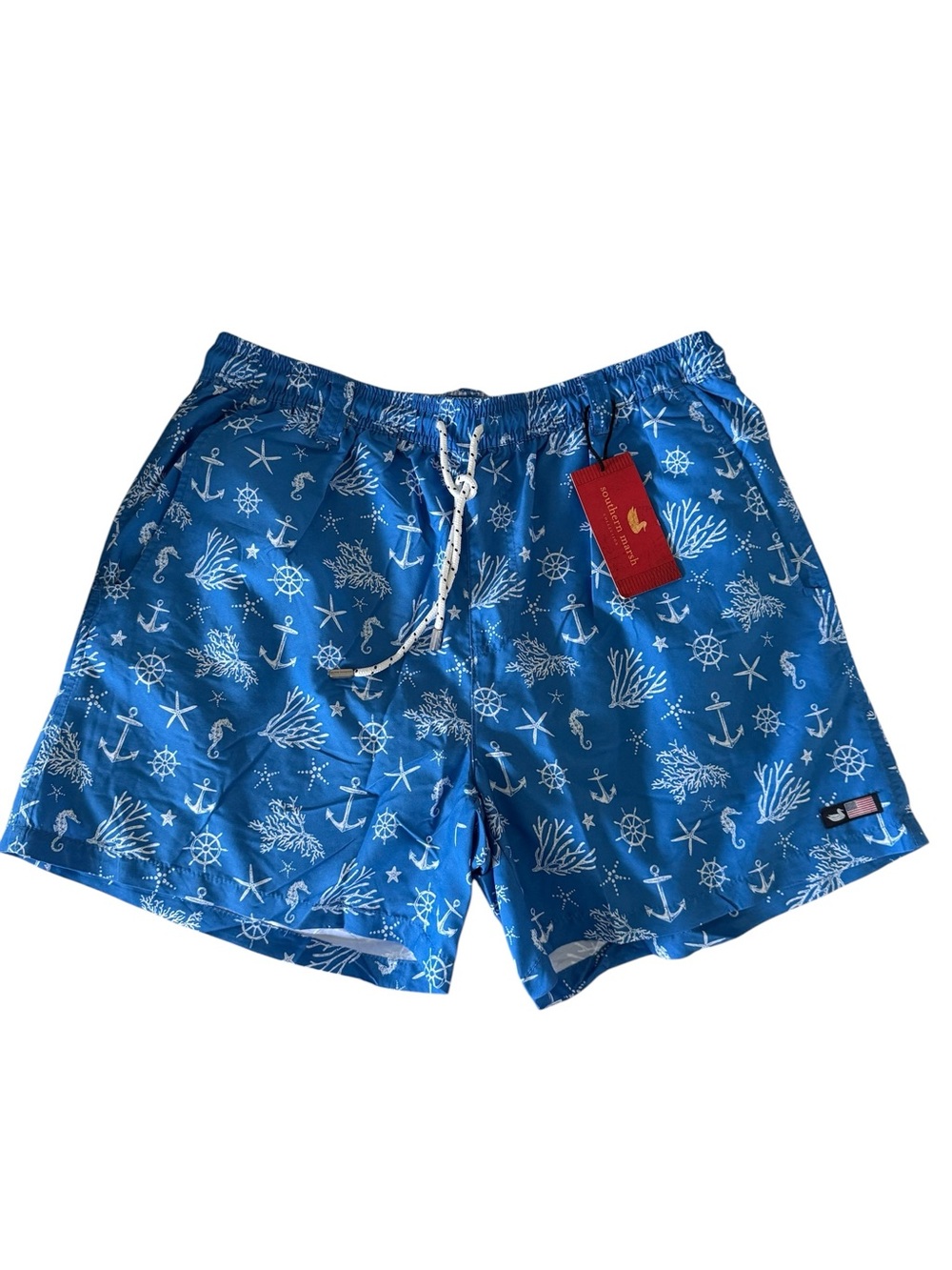Southern Marsh Dockside Swim Trunk Anchors French Blue White L NWT